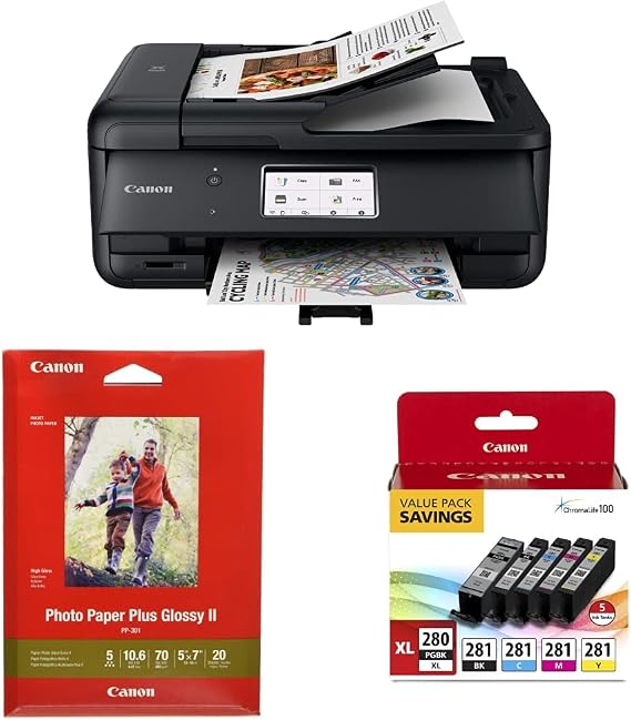 Canon TR8620a All-in-One Printer Home Office | Copier, Black & Ink 1432C002 Photo Paper Plus Glossy II 5" x 7" 20 Sheets & PGI-280XL/CLI-281 5 Color Pack
