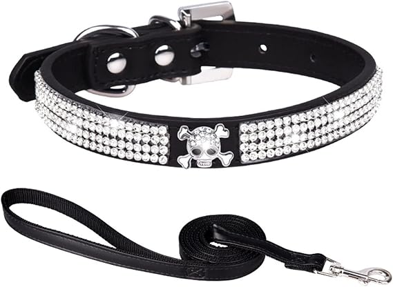 HDKUW 1PC Pet Skull Rhinestones Dog Collars, Full Sparkly Crystal Diamonds Studded PU Leather Beautiful Bling Pet Appearance for Small & Medium Dogs Black(Leash) Neck Girth 11"-13"