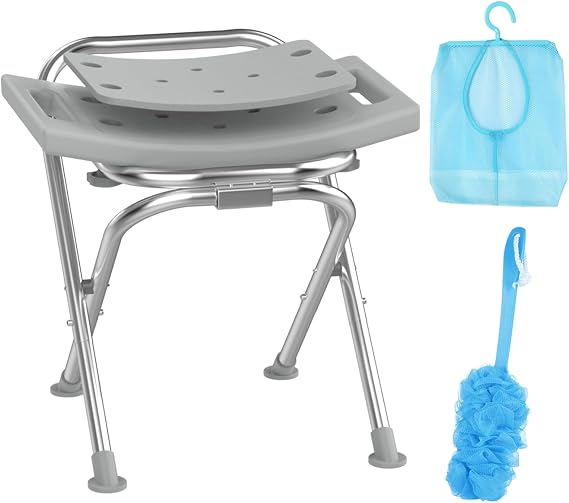 Medhelp Folding Shower Chair for Inside Shower, Stainless Steel Foldable Shower Stool, 400lbs Portable Folding Shower Seat for Travel, Anti-Slip Small Shower Chair for Elderly Disabled Injured, Gray