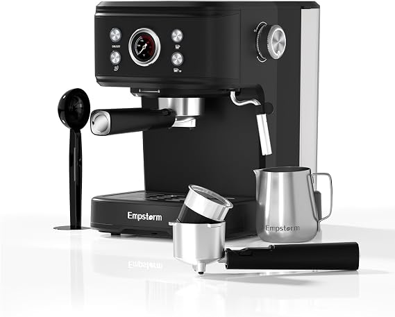 Empstorm 20 Bar 2 in 1 Espresso Maker & Stainless Steel Milk Frothing Pitcher 12 Oz with Decorating Pen, 2 Pack Shot Glasses Measuring Cup