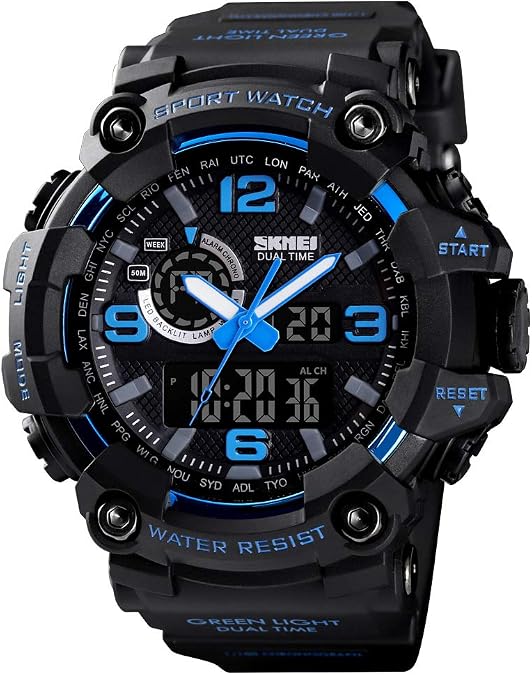 Men Digital Sports Watch, Dual Time Display LED Military Wrist Watch, Shockproof Large Dial Men Wristwatches Outdoor Waterproof Alarm Watches