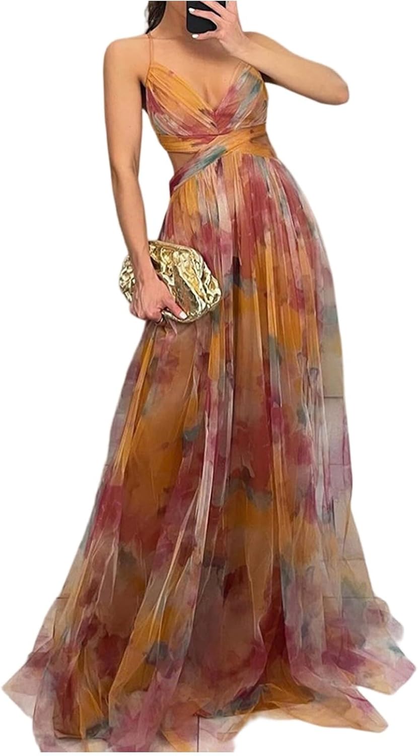 Womens Floral Tulle Wedding Guest Prom Dress Sexy Spaghetti Straps V Neck A Line Formal Colorful Cocktail Maxi Dresses