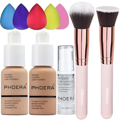 PHOERA Foundation 104 and 105 & Face Primer,Liquid Full Coverage Foundation Set,Foundation Brush Powder Brush,5 Makeup Sponge,30ml PHOERA 24HR Matte Oil Control Concealer 104 Buff Beige  105 Sand