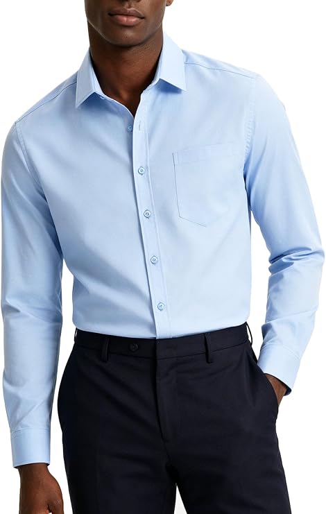 Mens Long Sleeve Dress Shirts Slim Fit Button Down Solid Cotton Business Wedding Shirt with Pocket
