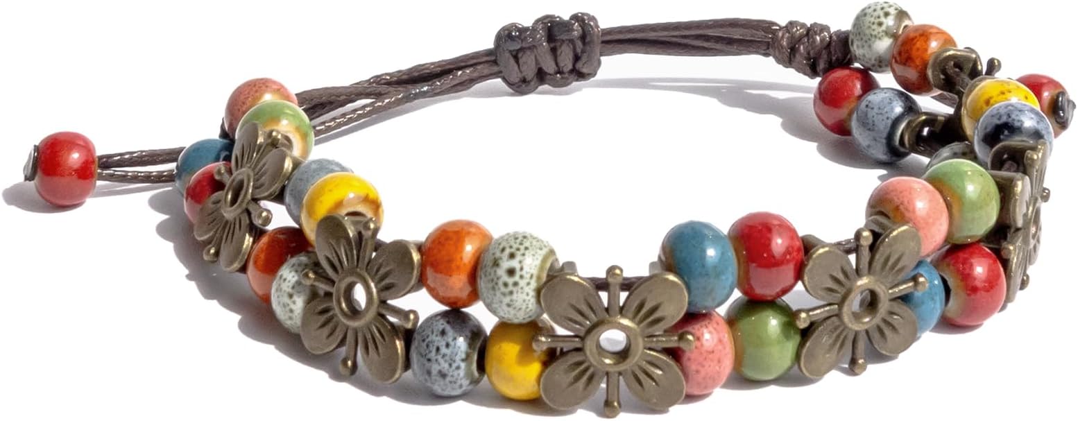 Boho Double Layered Ceramic Beads Bracelet with Copper Flower Charm, Adjustable Hippie Strand Bracelet for Women, Bohemian String Jewelry Gifts