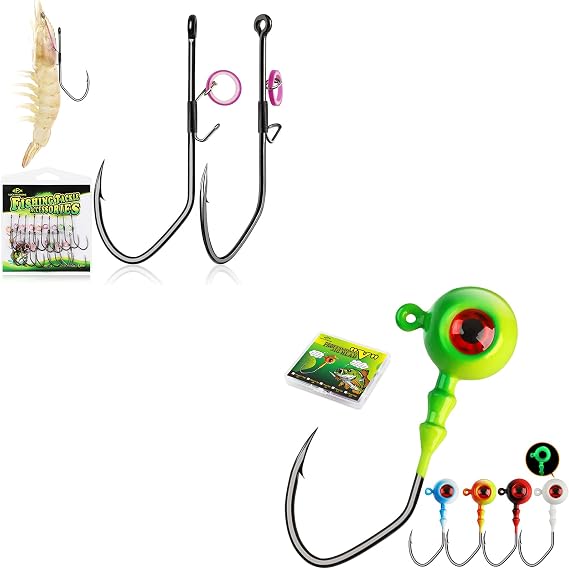 LUCKYFISHING Round Jig Heads 1/4oz(7g)-15PCS & Live Shrimp Hooks 2/0-20PCS