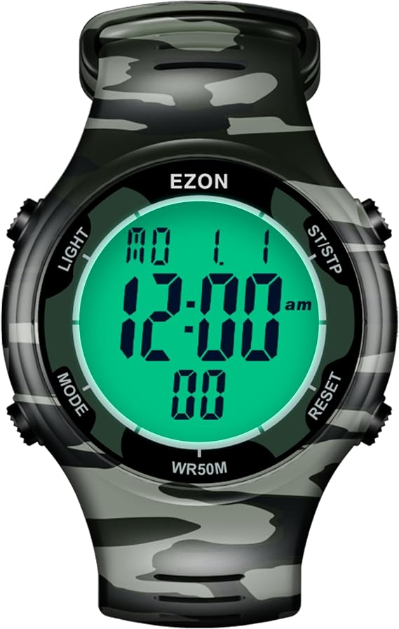 EZON Digital Watch with Stopwatch Countdown Timer Alarm EL Backlight,Ultra-Thin Large Display 5ATM Waterproof Digital Wrist Watches for Men Women