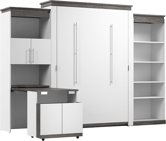 Bestar Orion Queen Murphy Bed with Shelves and Storage Cabinet with Fold-Out Desk (126W) in White and Walnut Grey, Sleeping Arrangement with Work Surface | Storage Cabinet with Fold-Out Desk; supports up to 50 lb; min. ceiling height 90.4 in.; dual piston mechanism