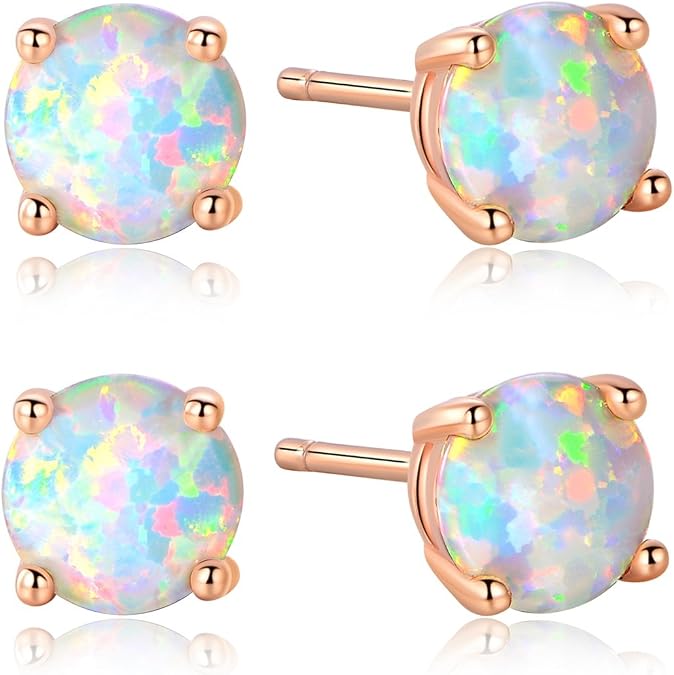 Stunning Rose Gold Plated Opal Studs, 18K Rose Gold Plated Opal Stud Earrings 6MM Round For Women