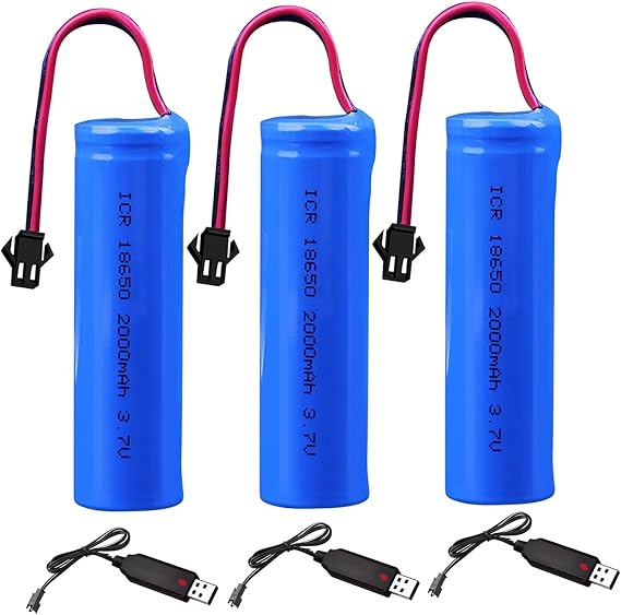3Pcs 3.7V 2000mAh Li-ion Battery Pack 18650 RC Replacement Rechargeable Battery Pack with SM-2P USB Charger Cable for Airplane DIY, Fishing Lights,Doorbell, etc.