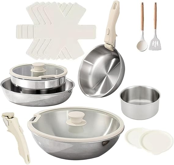 Tri-Ply Stainless Steel Cookware Set, 17 pcs Pots and Pans Set Non Stick with Detachable Handles, Induction Kitchen Cooking Sets, RV/Camping Cookware, Dishwasher & Oven Safe,17pcs