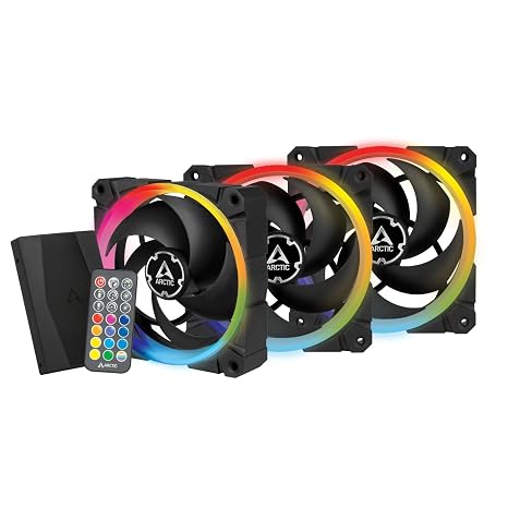 ARCTIC BioniX P120 A-RGB (3 Pack, incl. A-RGB Controller) - 120 mm Pressure-Optimised Fan with A-RGB, PWM, Cooler, Fluid Dynamic Bearing, 400-2300 RPM - Black