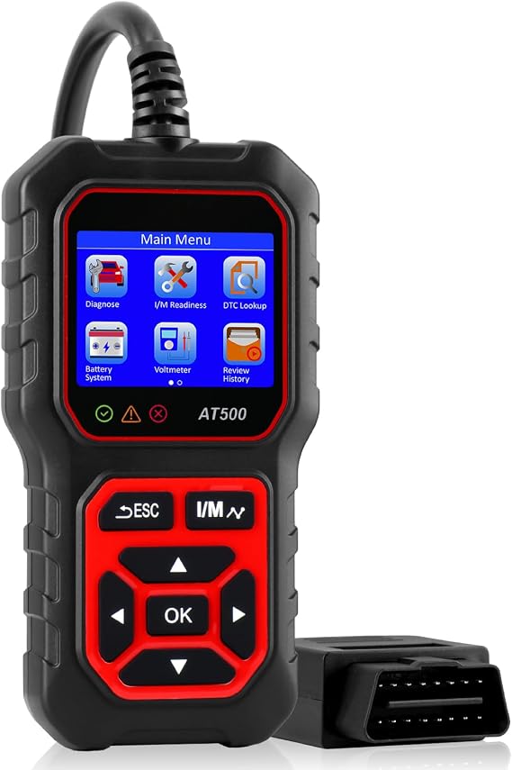 OBD2 Scanner Diagnostic Tool - AT500 Professional Car Code Reader Screen Display Voltage Test Lights Fault Car Check Engine Code Reader for OBD II Protocol Cars, Red