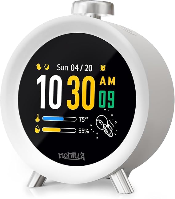 MOMILLA Alarm Clocks for Bedrooms, 2.8" Color Display, 4 Alarms Easy to Set | Kids Alarm Clock for Heavy Sleepers Adults, Digital 7 Day Programmable Clocks,White Noise Sound Machine, Hourly Chime Plug in