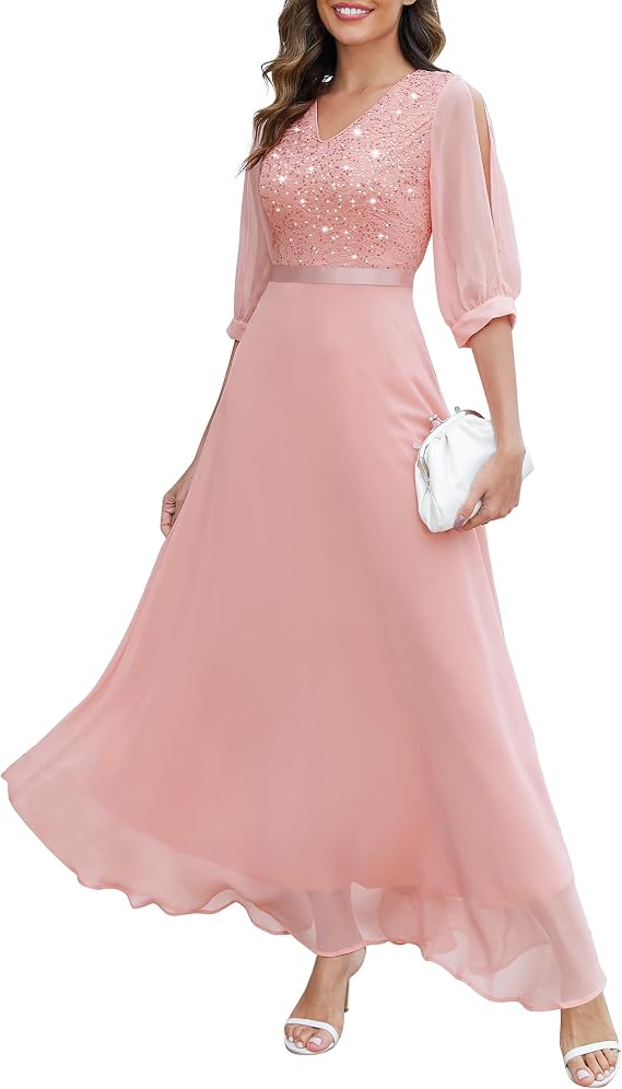 Wedtrend Women's Sequin Dresses Sparkly Glitter Dress Split Sleeves Formal Dresses Maxi Evening Dress