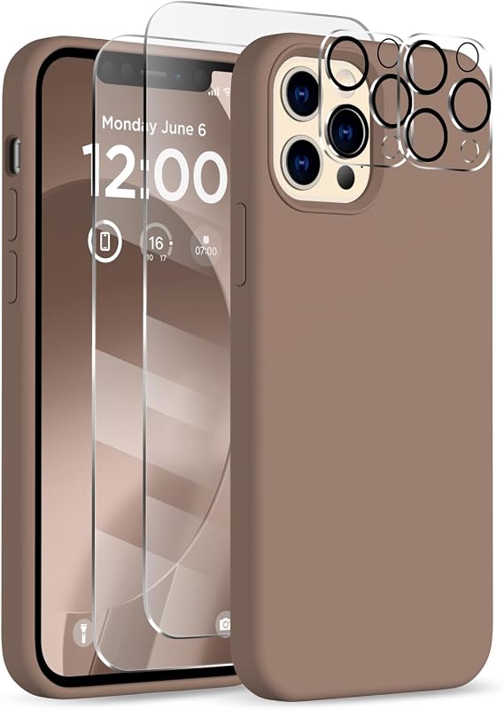 iPhone 12 Pro Max用ケース、カメラプロテクター2枚 + スクリーンプロテクター2枚、フルボディシリコン耐衝撃保護カバー、 マイクロファイバー裏地付きスマホケース iPhone 12 Pro Max 6.7インチ用、ライトブラウン