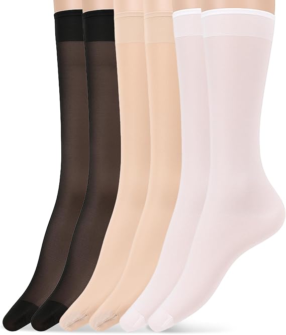 3 Pairs Sheer Knee High Stockings, Elastic 15D Nylon Sheer Trouser Stockings with Reinforced Toes Tight Knee High Stocking Perfect Pairing For Skirts, Dresses, Shorts - 3 Colors