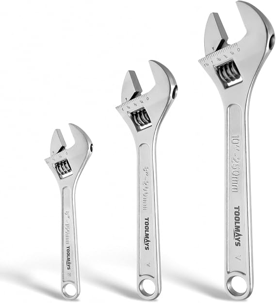 Adjustable Wrench Set, 6" 8" 10" Chrome-plated | Chromium Vanadium Steel, Heat Treated, Chrome Plated, 6" 8" 10" Sizes, Max Jaw 1-3/8"