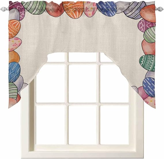 Easter Swag Valance Kitchen Curtains, Rod Pocket Valance Curtain Panels for Bedroom Living Room Bathroom Cafe Windows, Farmhouse Watercolor Bunny Eggs Spring Holiday 56''x36''