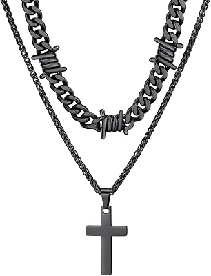 ChainsHouse Layered Cross Necklace for Men, Stainless SteelBlackGold Plated CubanBarbed Wire Necklace with CrossCrucifix Pendant Religious Jewelry Gift Set for Dad, Husband