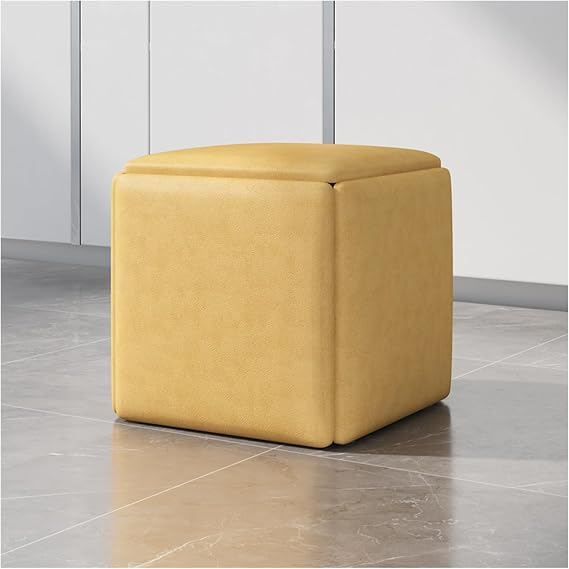 Stackable Sofa Chair, 5 in 1 Leather Seating Cube Stool, Nesting Ottoman Stool with Casters, Dressing Chair Movable Footstool for Living Room Coffee Table,Beige,17.7x17.7x17.7in