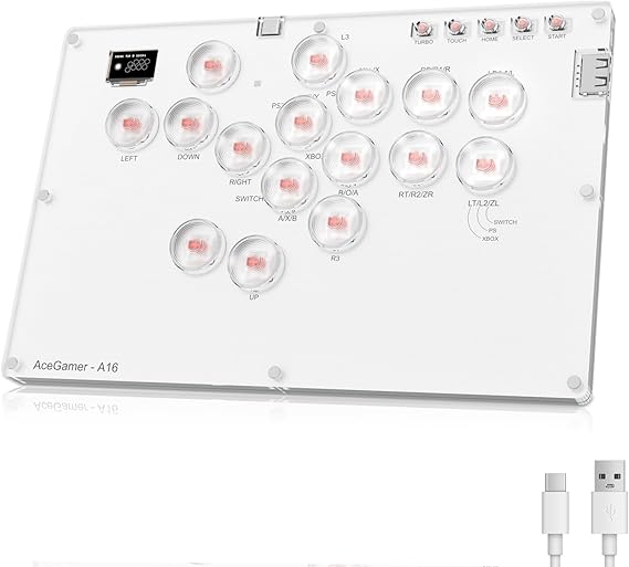 AceGame Arcade Stick 16Keys All-Button Gamerfinger with Turbo Functions & Custom RGB,Arcade Controller Street Fight for PC/Ps3/Ps4/Switch/Steam Game Keyboard-Supports Hot Swap & SOCD (WHITE)