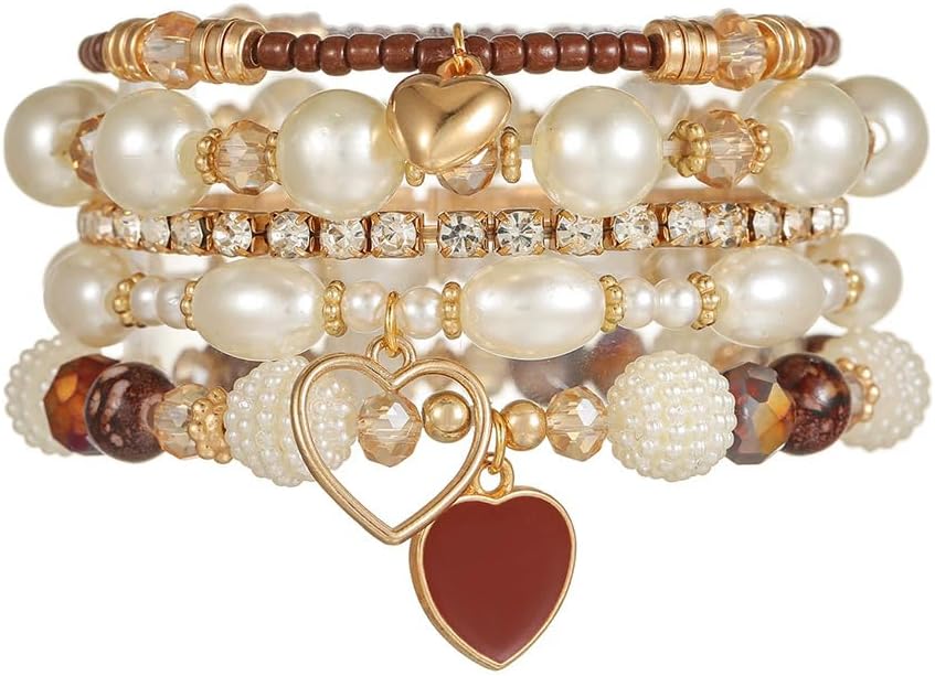 xuzhiyuan Boho Layered Bracelet Set for Women, Pearl Beaded Bracelets with Heart Charm & Crystal, Stackable Vintage Fashion Jewelry for Party Daily Wear