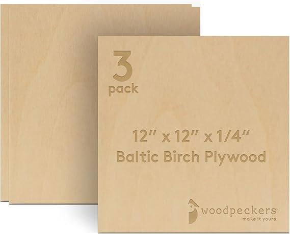 6 mm Baltic Birch Plywood 1/4 x 12 x 12 Inch, Box of 3 B/BB Grade Craft Wood, Stronger Than Basswood Sheets, for Laser, CNC Cutting and Wood Burning, by Woodpeckers