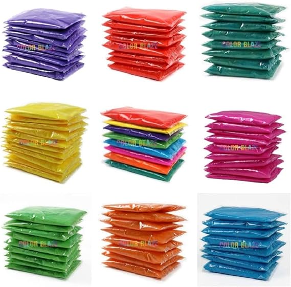 Holi Color Run Powder Packets - 8 Mixed Colors x 75g - 120 Pack | 120 color powder packets (75g each) in 8 colors for color runs, color wars, parties, festivals, and celebrations.