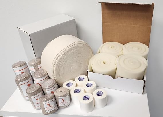 Double Leg Lymphedema Compression Kit Multi-Layer Compression System with Stockinette, Artiflex Soft Cotton Padding, Short Stretch Bandages, Foam Rolls, and Silk Tape, White