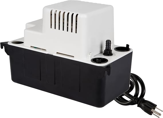 Little Giant VCMA-15UL 115 Volt, 65 GPH, 1/50 HP Automatic Condensate Removal Pump for HVAC/Refrigeration Systems/Dehumidifiers (no safety switch), 6-Foot Cord, Black/White, 554401 | 6' cord w/ plug, No safety switch, 1/50 HP, 15' shutoff, Automatic, 1/2 gal tank, for air conditioners/ dehumidifiers, 554401
