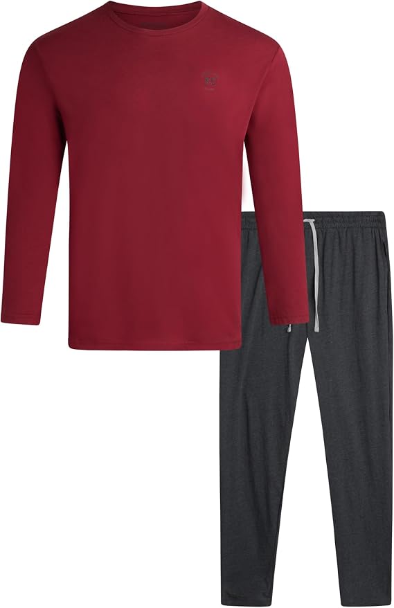 Kenneth Cole Mens Pajamas Set - 2 Piece Soft Knit Cotton Blend Long Sleeve Sleep Shirt and Pajama Pants for Men