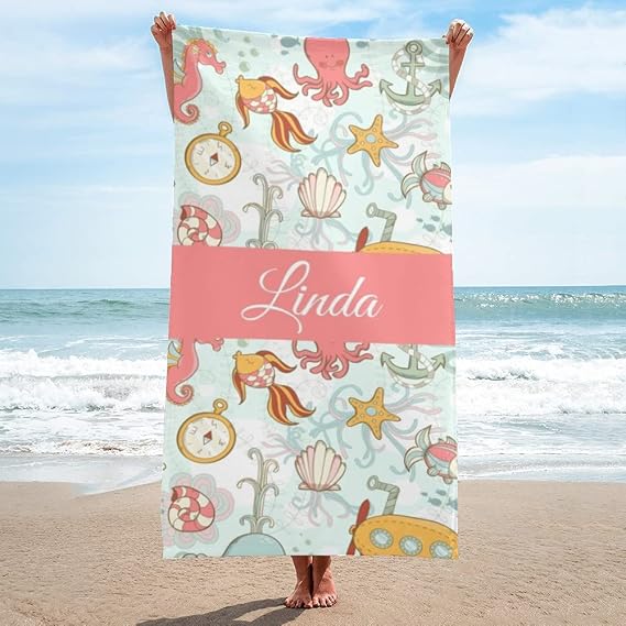 BUY JOY Personalized Beach Towels, Marine-Fish Pink Bath Towel Custom Travel Beach Pool and Bath Towels for Women Girls Toddler Baby