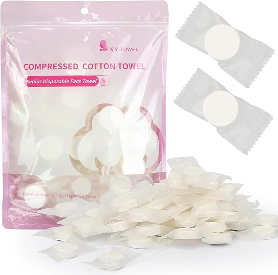 Classycoo Compressed Towel, 50 PCS Disposable Face Wipes, portable Tablets Cotton Tissue for Travel, Camping, Hiking, Sport, Beauty Salon, Home Hand Cleaning and Outdoor Activities, Light Pink