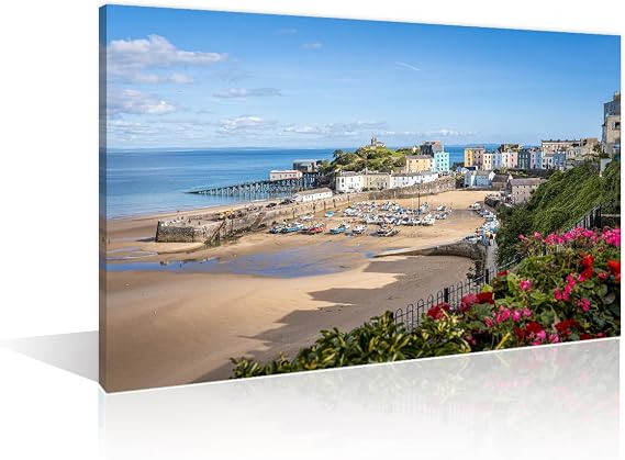1 Panel Tenby Harbour Pembrokeshire Wales Canvas Wall Art United Kingdom Posters and Prints Colorful Buildings of Popular Welsh Resort Bathroom Decor Wall Art Framed Ready to Hang (12''Wx 18''H)