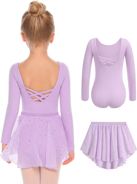 Zaclotre Girls Ballet Leotards Toddler Dance Outfit with Removable Skirt | Long Sleeve, Crisscross Back, Shiny Skirts, Gymnastics, Ballerina Dress, Two Piece Ballet Set