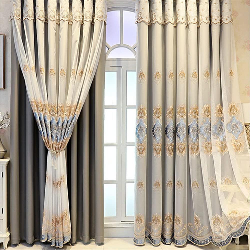 Amidoudou 1 Pair European Double Layer Curtains with Sheer Curtains for Living Room Bedroom Luxury Embroidered Blackout Curtains Dark Gray,52x84 Inch