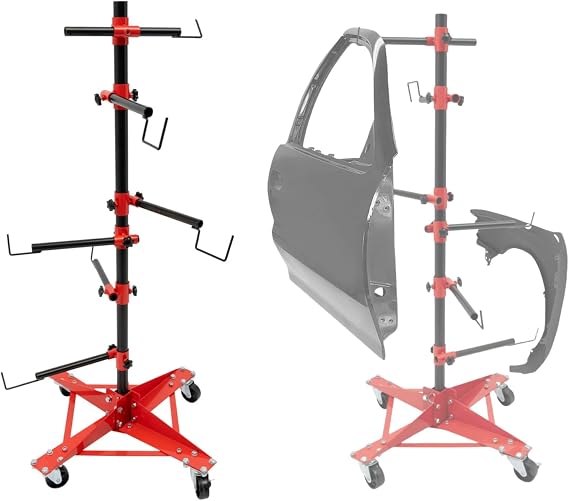 Auto Panel Tree Paint Stand Holder with Adjustable Center Post - Hook Levers Securely Hang Automotive Panels, Doors, Fenders, Bumpers, Auto Body Shop Painting, Hang Iron Stand