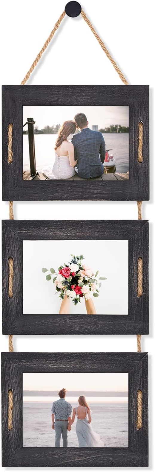 DLQuarts 5x7 Hanging Picture Frames Collage Wall Decor, 3-Opening Photo Frames 5x7 Without Mat & 3.5x5 with Mat, Rustic Wood 3-Frame, Weathered Black