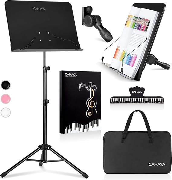 CAHAYA Sheet Music Stand Dual-use Convert to Desktop Stand Adjustable Black | Portable Foldable 31.4-57" Height Adjustable Sturdy to Hold Thick Book or Tablet Include Carrying Bag Sheet Music Folder Clip