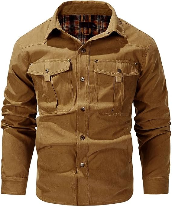 Maylrvjv Men's Casual Shirt Jacket Snap Multi-Pocket Comfortable Soft Long Sleeve Shirts