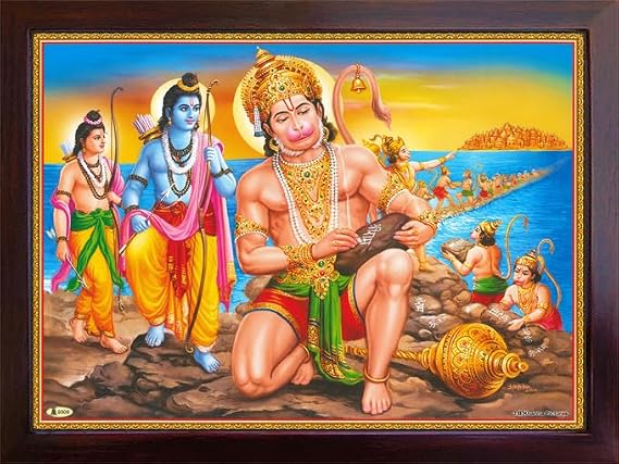 Handicraftstore Hanuman Writing Ram Ram on Mountain Stones to Cross The sea, Print with Frame for Home and Gift Purpose.