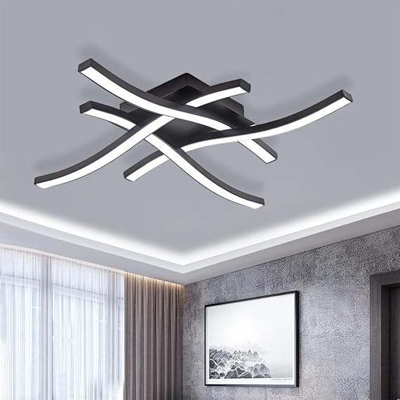 Modern LED Ceiling Light, 24W Black Ceiling Light with 4 Wave Design Lamp Tubes, 6500K Cool White Elegant Ceiling Light for Living Room Bedroom Kitchen Hallway Office [Energy Class A]