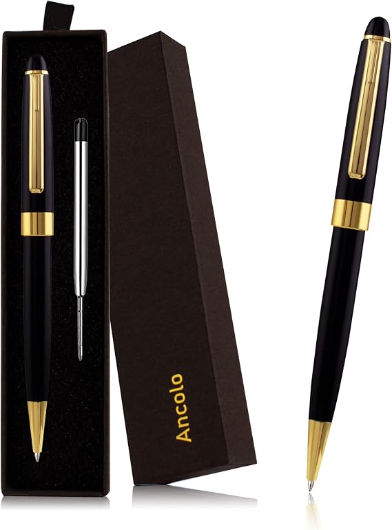 Ancolo Black Pen, Ballpoint Pen Bulk Black Ink 1.0 mm Medium Point Smooth Writing Black and Gold Pens for Men Women Police Uniform Office Business Gift for Friends, Colleagues, School