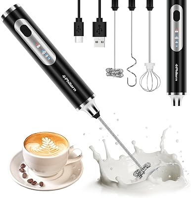 Philorn Milk Frother Wand Rechargeable, Handheld Coffee Drink Mixer Frother Foam Maker with 3 Heads 3 Speed for Lattes, Cappuccino, Frappe, Matcha, Hot Chocolate Egg Black Black