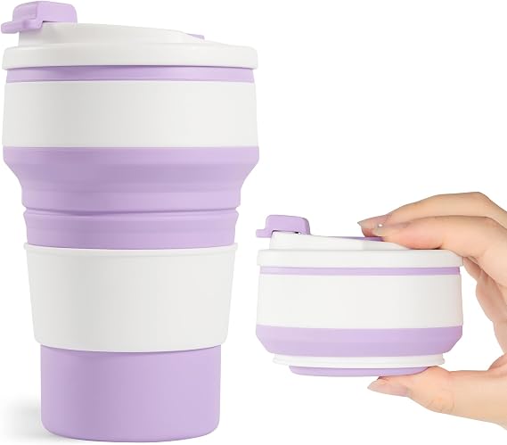 12oz Collapsible Cup for Traveling, Collapsible Silicone Travel Cup for Hot and Cold Drinks, Leak Proof Silicone Folding Travel Coffee Mug for Camping & Hiking, BPA Free Purple