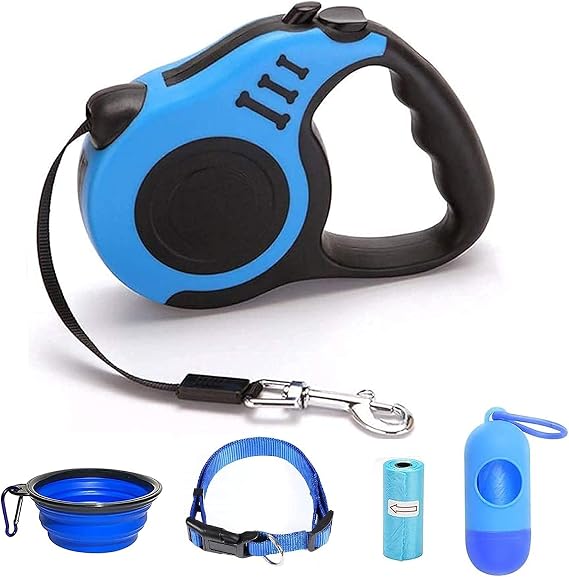 Retractable Dog Leash for Medium - Small Dogs and Cats 16.5FT Tangle Free, Heavy Duty Walking Leashes with Anti Slip Handle, Pause and Lock Strong Nylon Tape, Store Dog Leash Retractable(Blue)