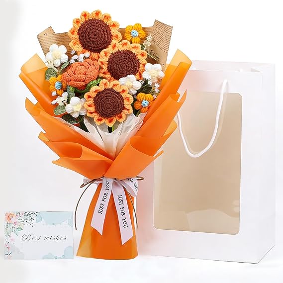 Crochet Flower Bouquet, Knitted Flowers, Knitted Flower Bouquet, Handmade Knitted Flower Arrangement with Gift Bag &amp; Greeting Card for Home Anniversary Wedding Birthday Mother's Day (Orange)