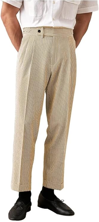 Men's Seersucker Suit Pants Classic Gurkha Dress Pant Casual Summer Beach Lightweight Trousers