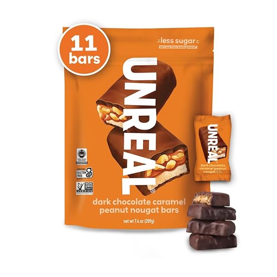 UNREAL Dark Chocolate Caramel Peanut Nougat Bars, Value Size Bag | Chewy caramel, organic peanuts and nougat in rich dark chocolate, 6g sugar, gluten free, individually wrapped bars